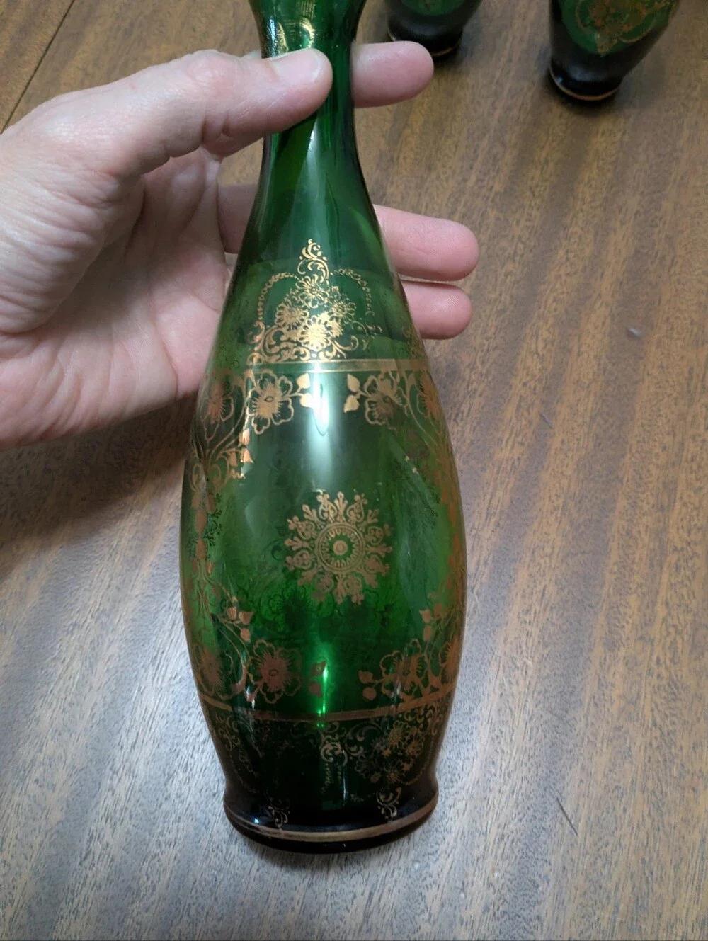 Vintage Murano Glass Decanter Set.  Very Nice Condition.  Emerald Green & Gold.